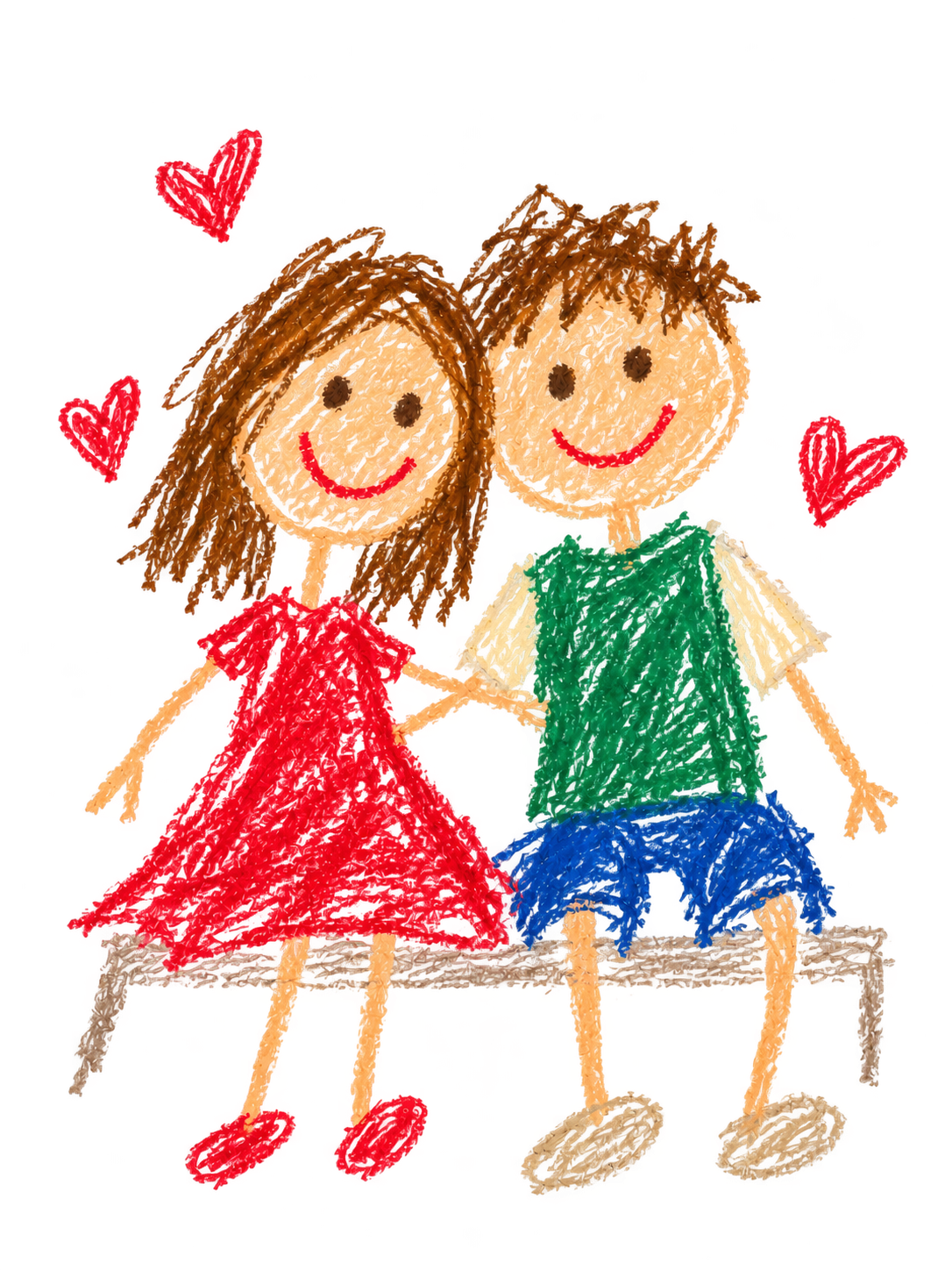 A playful crayon drawing of Rej and Alyssa sitting together, surrounded by hearts
