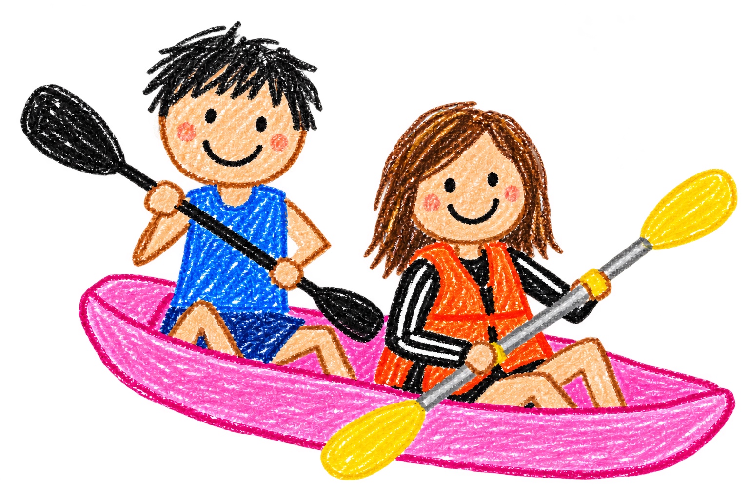 A colorful crayon drawing of Rej and Alyssa kayaking together in a pink kayak