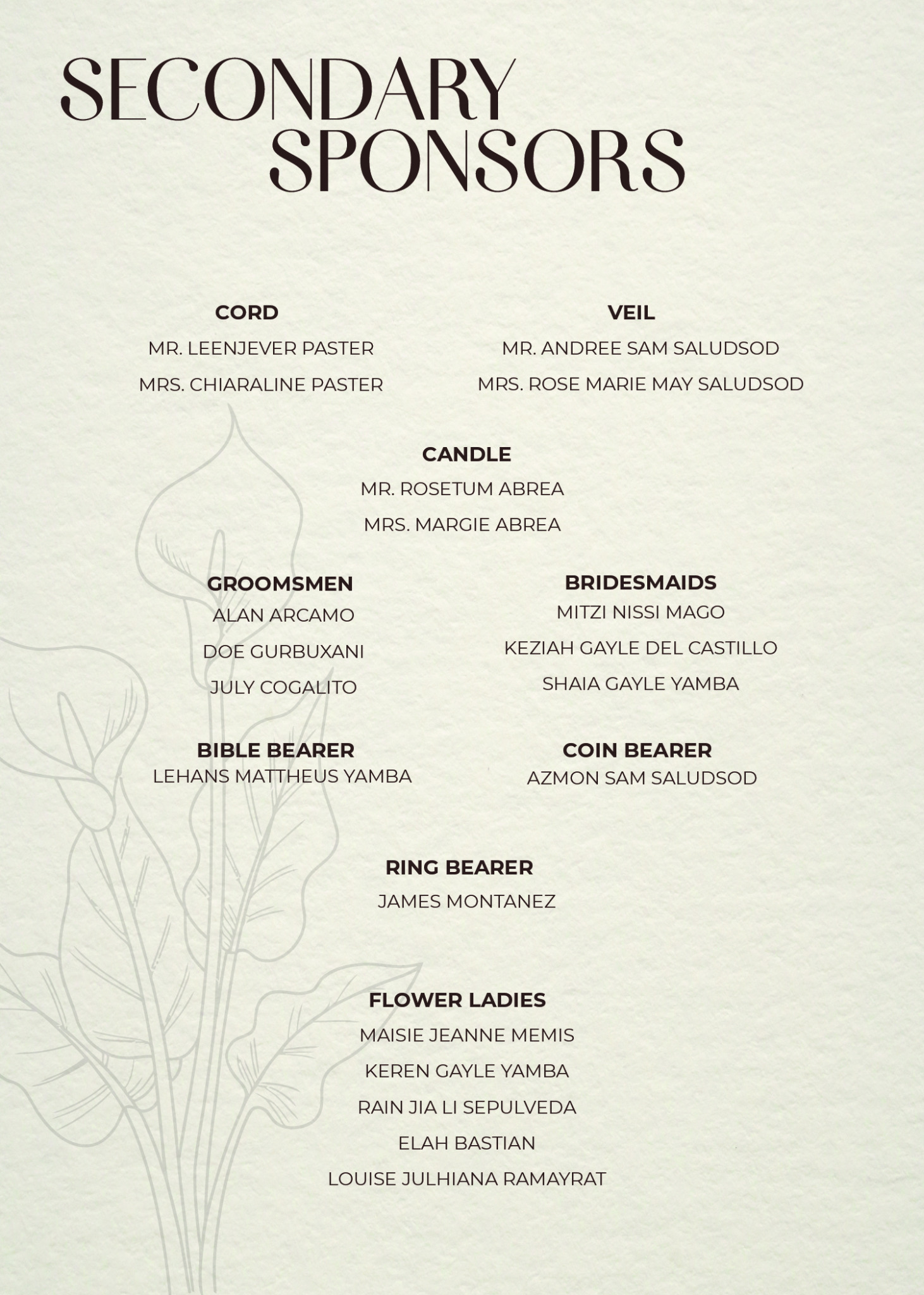 Secondary sponsors, groomsmen, bridesmaids, bearers, and flower ladies