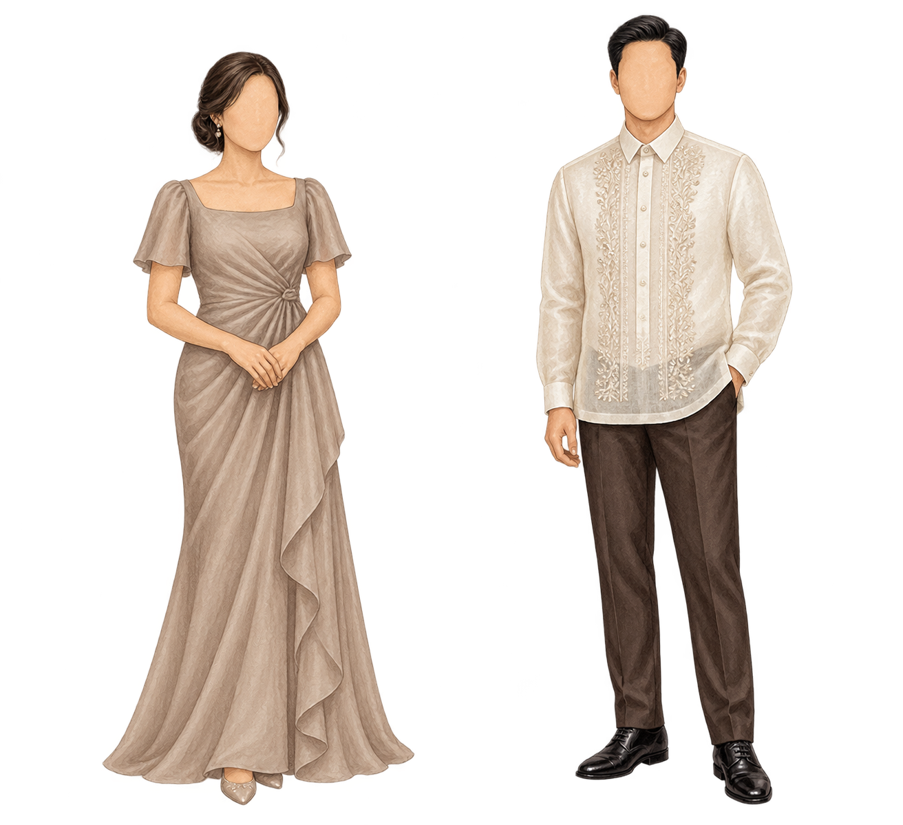 Principal sponsor attire: a lady in an elegant taupe gown and a gentleman in an ivory barong Tagalog with dark dress trousers.